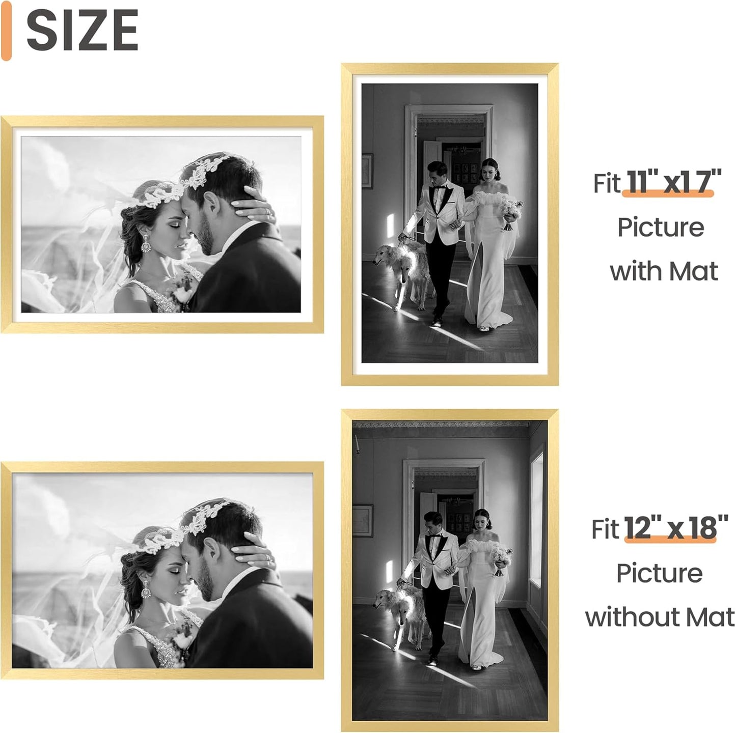 Upsimples 12x18 Picture Frame Set of 5 - Elegant Gold Frames for 11x17 or 12x18 Photos | Wall Gallery Display