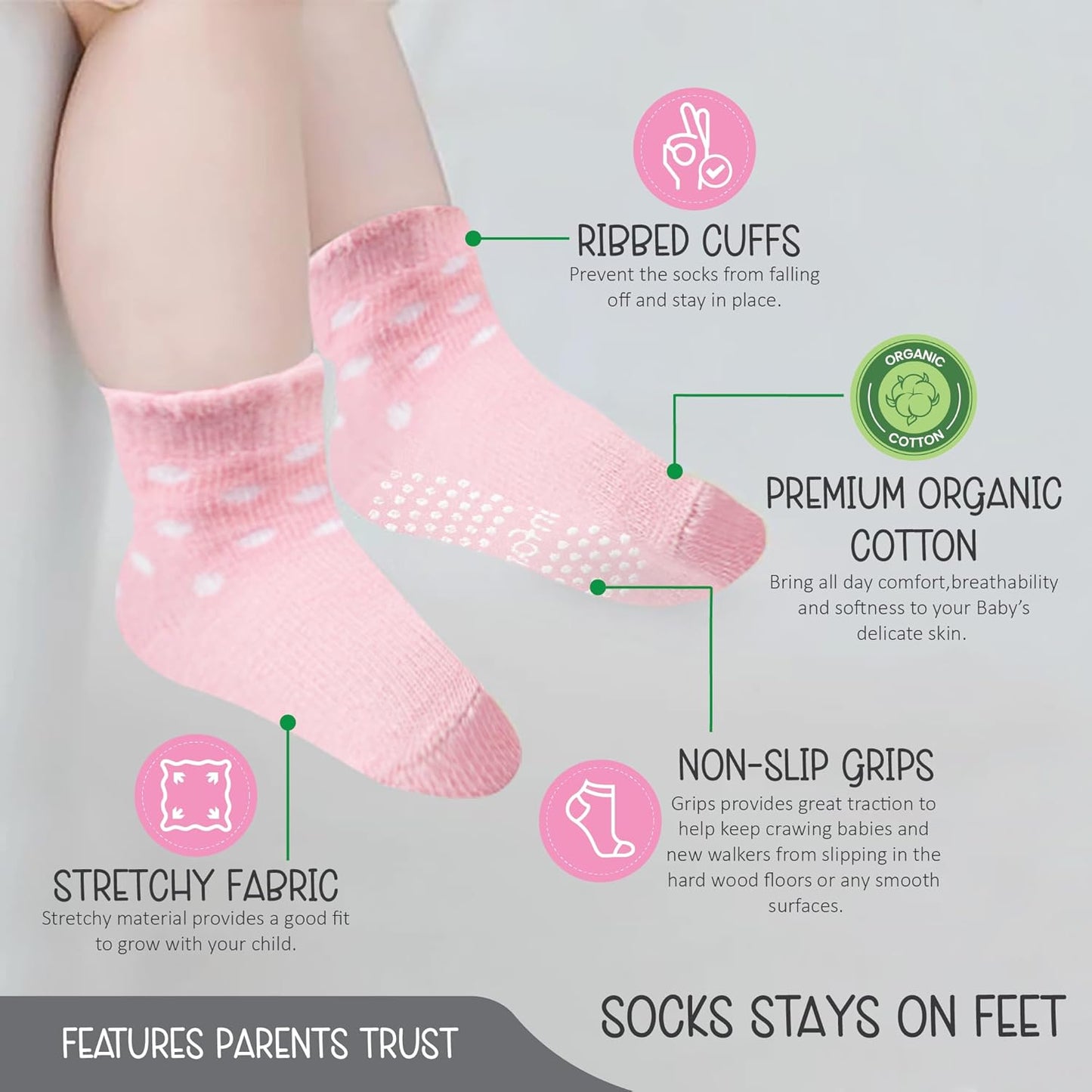 Organic Cotton Baby Socks - GOTS Certified Soft & Breathable | 6 Pairs for Newborn Girls 0-6 Months