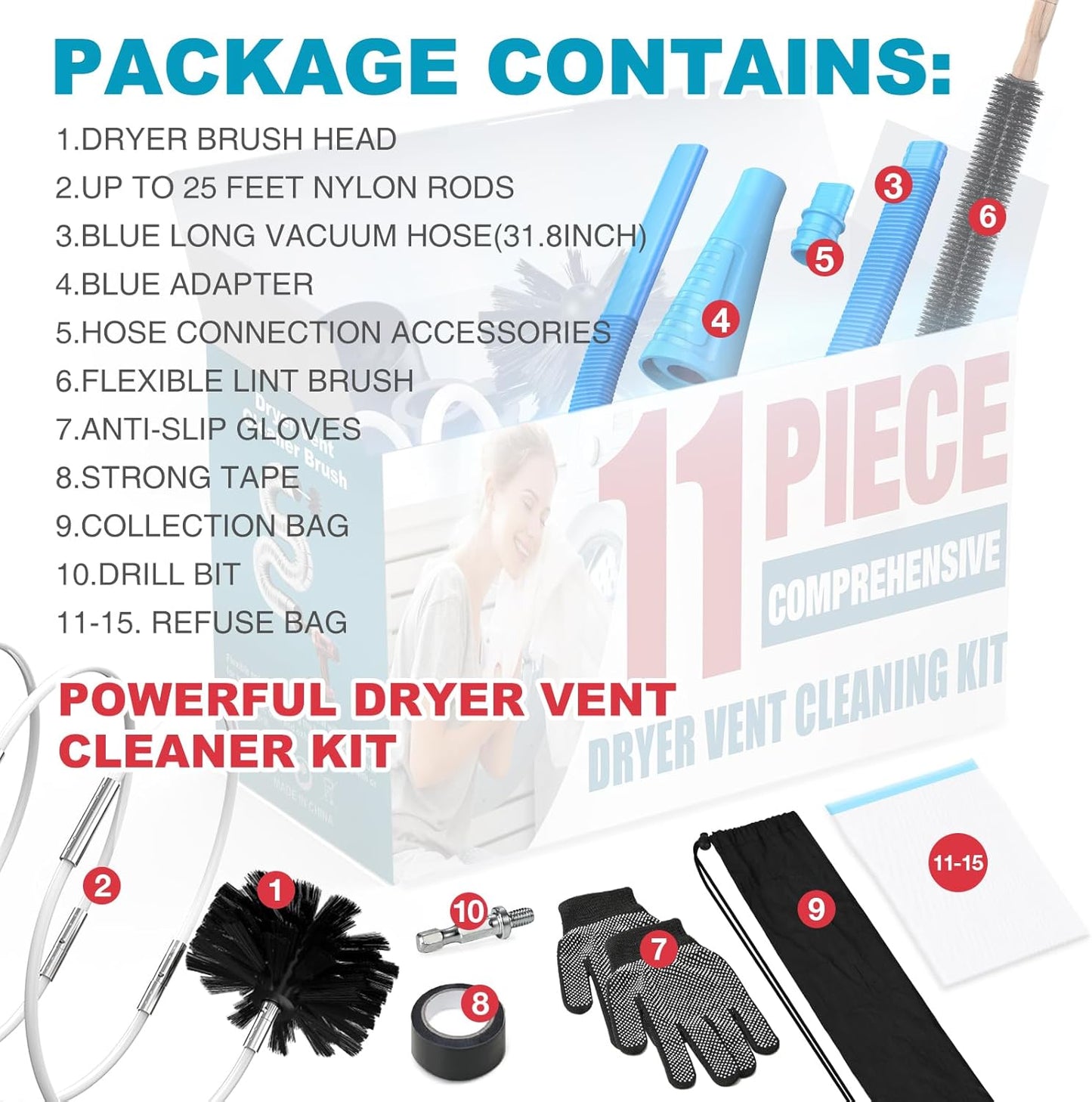 Sealegend 15-Piece Dryer Vent Cleaner Kit - 25-Feet Omnidirectional Lint Vacuum Attachment & Brush | Universal Adapters (Blue)