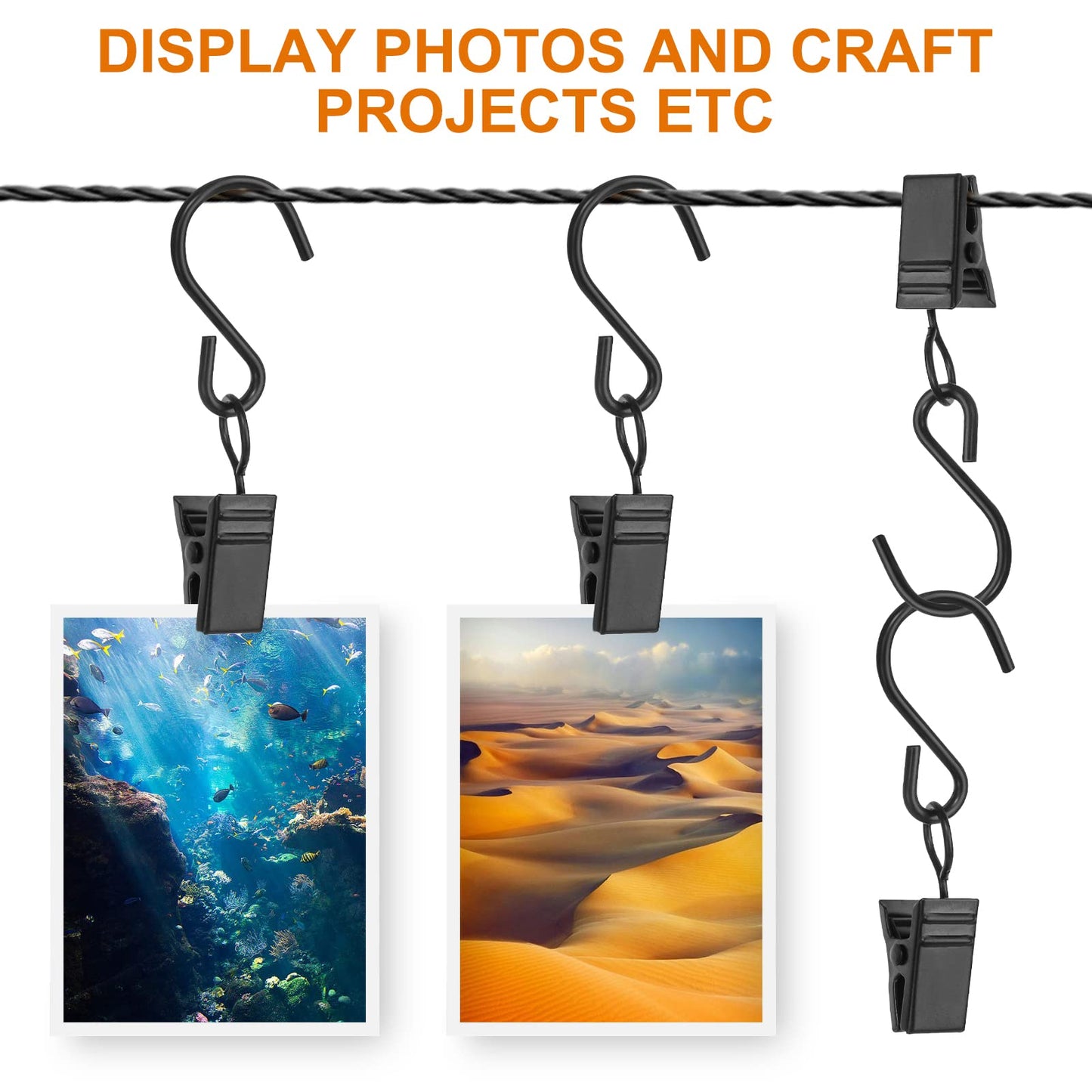 40 PCS Curtain Clips with S Hooks for Outdoor String Lights, Stainless Steel S Hooks with Clips for RV Awning and Gutter Lights (Black)