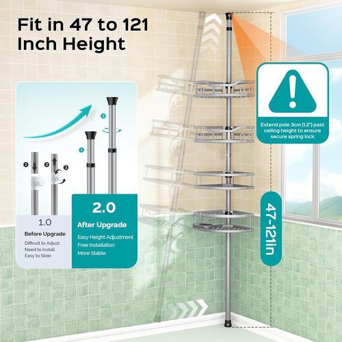 HAMITOR Corner Shower Caddy - Rustproof 4-Tier Bathroom Organizer for Shampoo & Soap - Adjustable 47-121 Inch Silver Gray