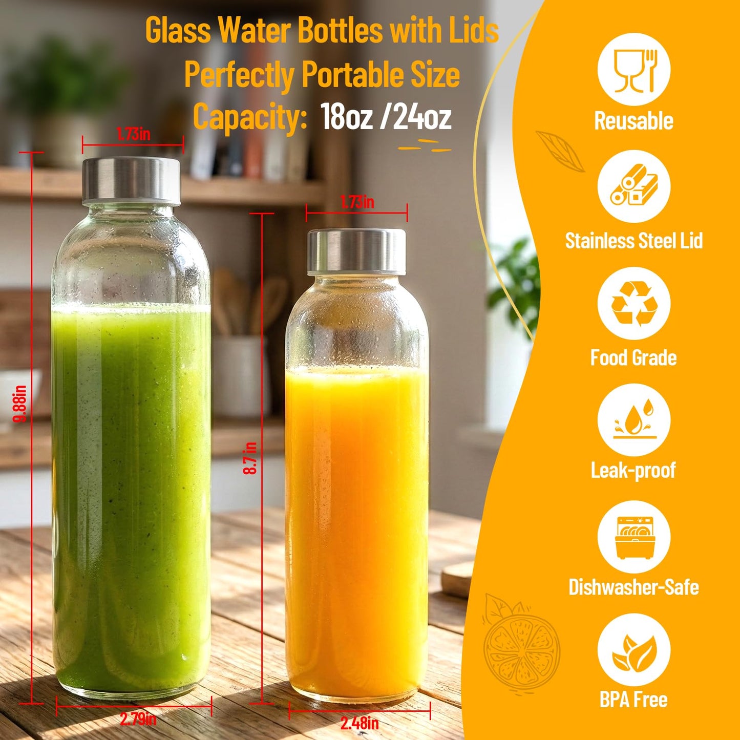Luxfuel Clear Glass Bottles with Lids 18 oz, Reusable Glass Water Bottles with Stainless Steel Cap for Juicing,Refrigerator,100% Leak Proof, BPA Free