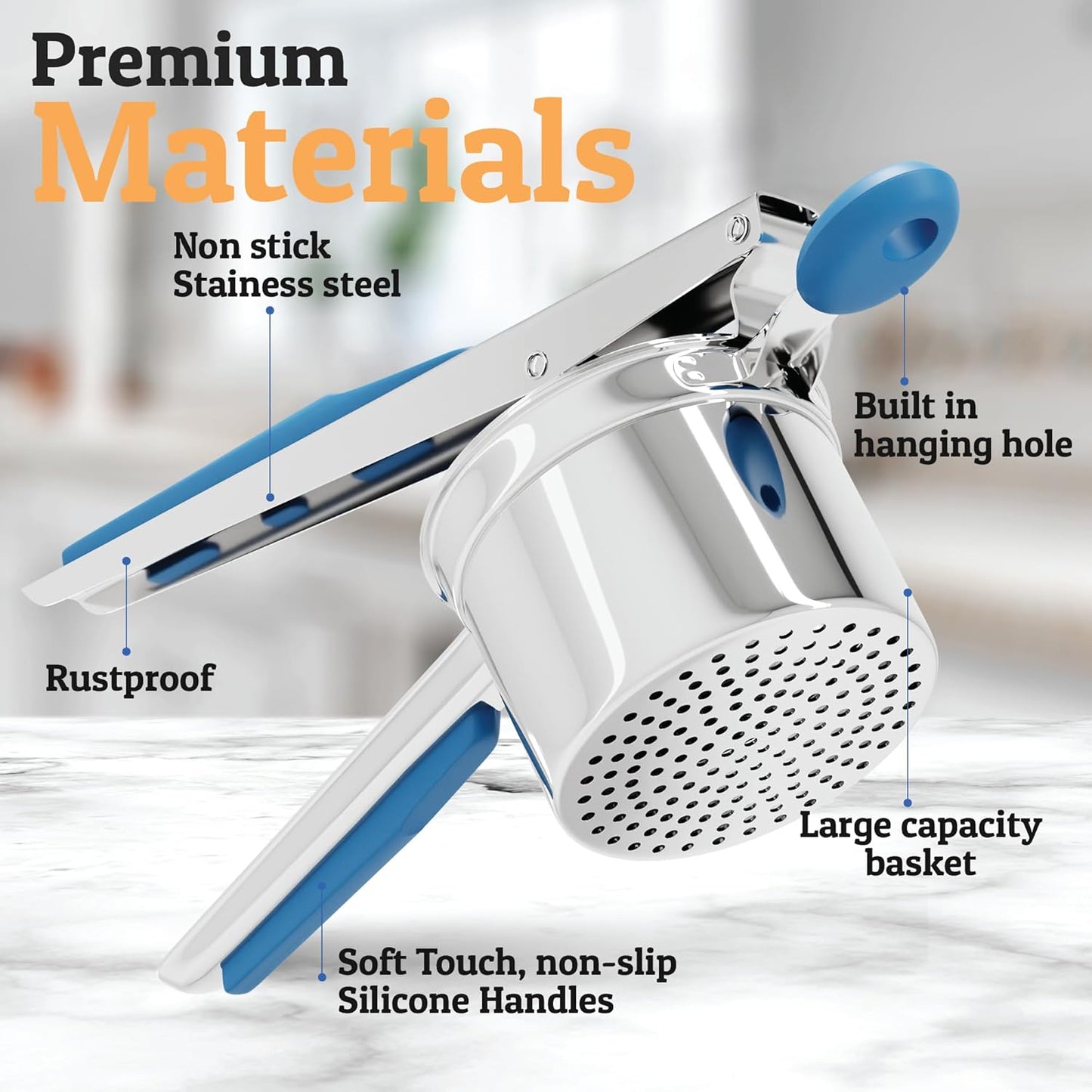 PriorityChef 15oz Potato Ricer - Heavy Duty Stainless Steel Masher With 3 Discs | Blue Kitchen Tool