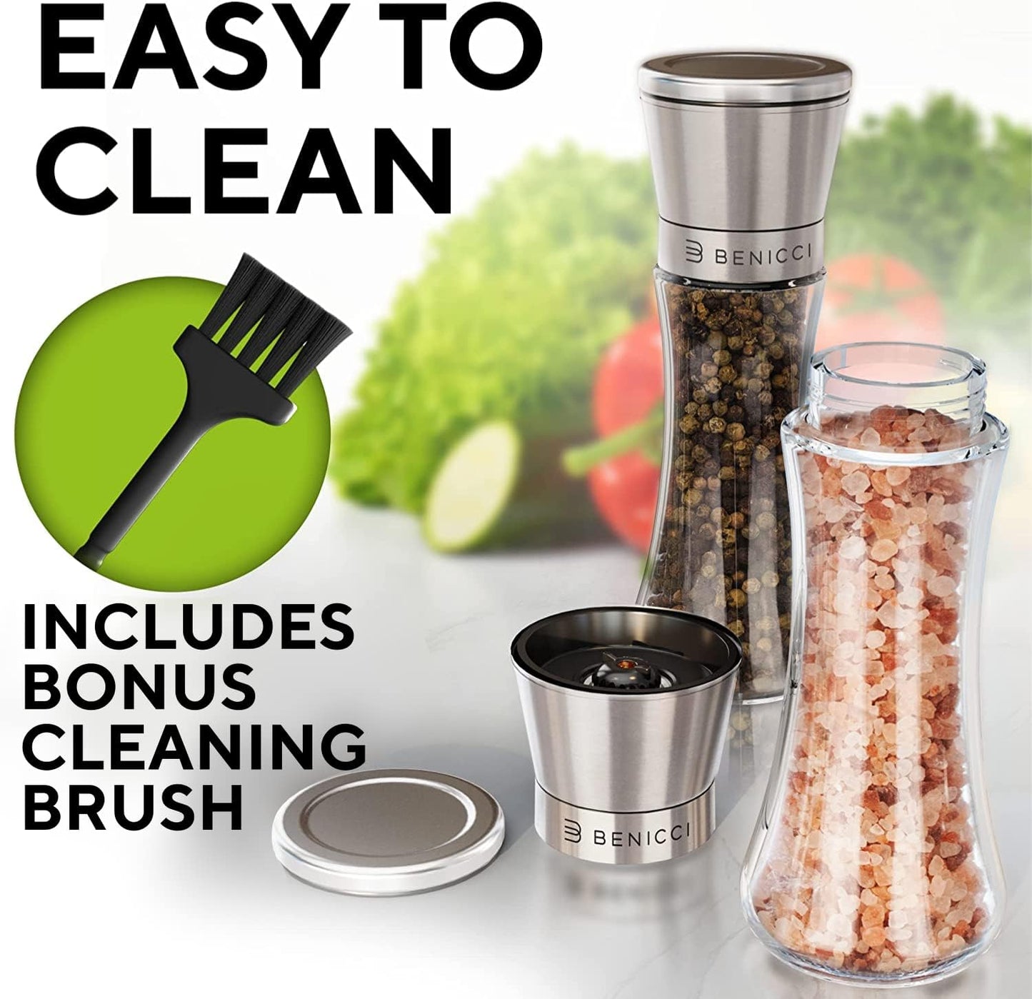 Premium Salt and Pepper Grinder Set - Refillable Stainless Steel Shakers with Adjustable Coarse Mills | Easy Clean Ceramic Grinders