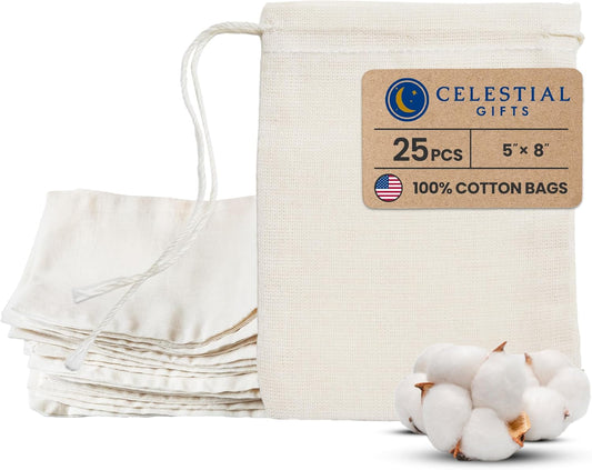 Celestial Gifts Muslin Bags 100pcs 5x7, 100% Cotton Drawstring Bags for Party Favors, Parts, Cowboy Coffe and More - Made in USA (Natural Hem & Drawstring)
