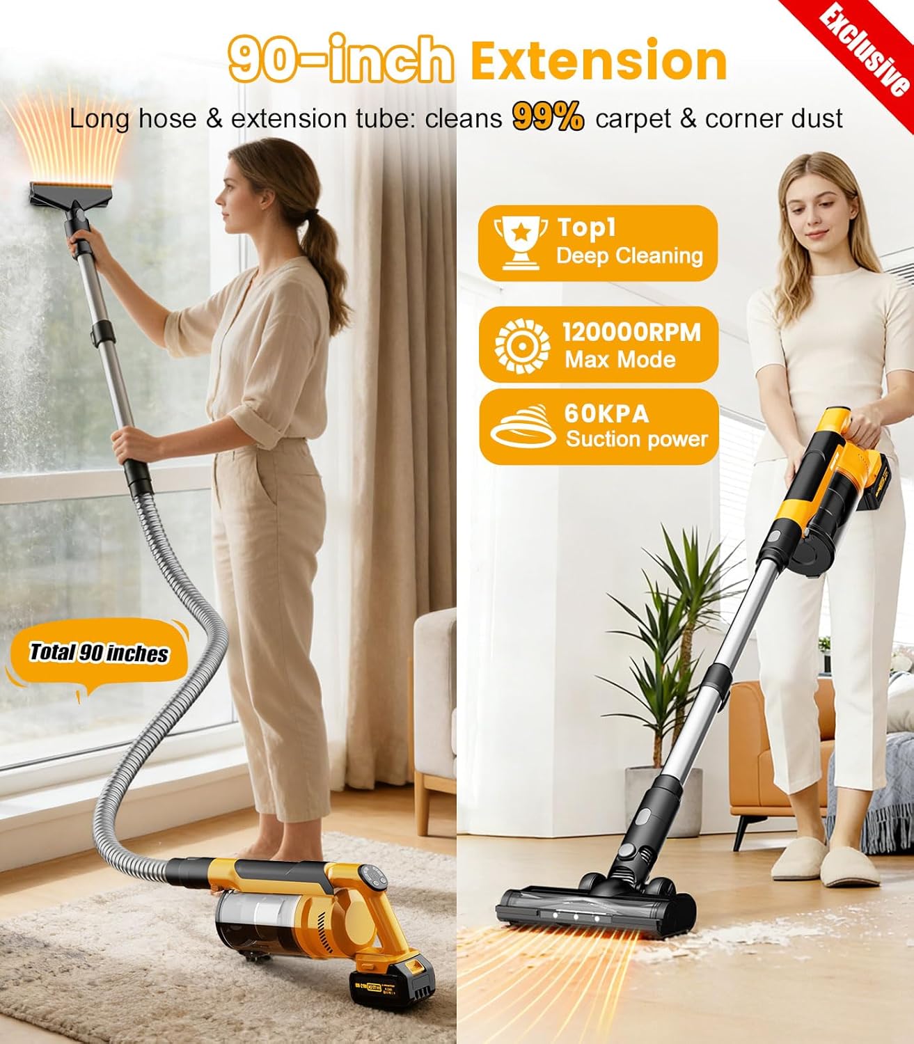 Qimedo Cordless Vacuum Cleaner - 8000mAh, 700W Powerful Suction, 7-in-1 with 90" Extension Tube & 2L Dust Cup for Home & Pet Hair
