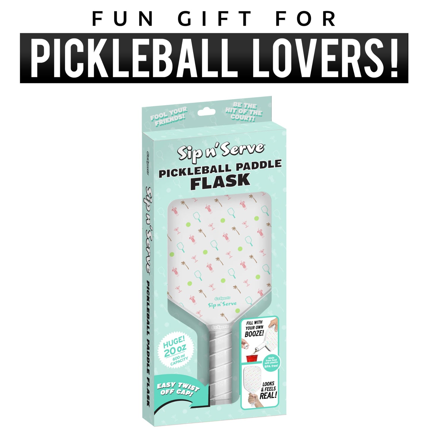 GoSports Sip N' Serve Pickleball Paddle Flask (20 oz) - Hidden Alcohol Travel Flask - Funny Liquor Gift – Includes Funnel & Spout