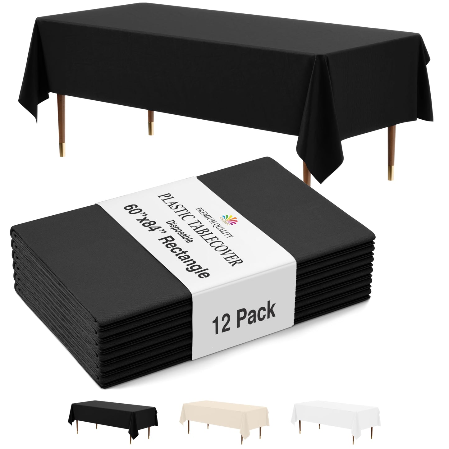 Party Solids 12-Pack Black Plastic Disposable Tablecloth – Size: 60 × 84 Inches – Rectangle Table Cover for Parties, Picnics & Formal Events