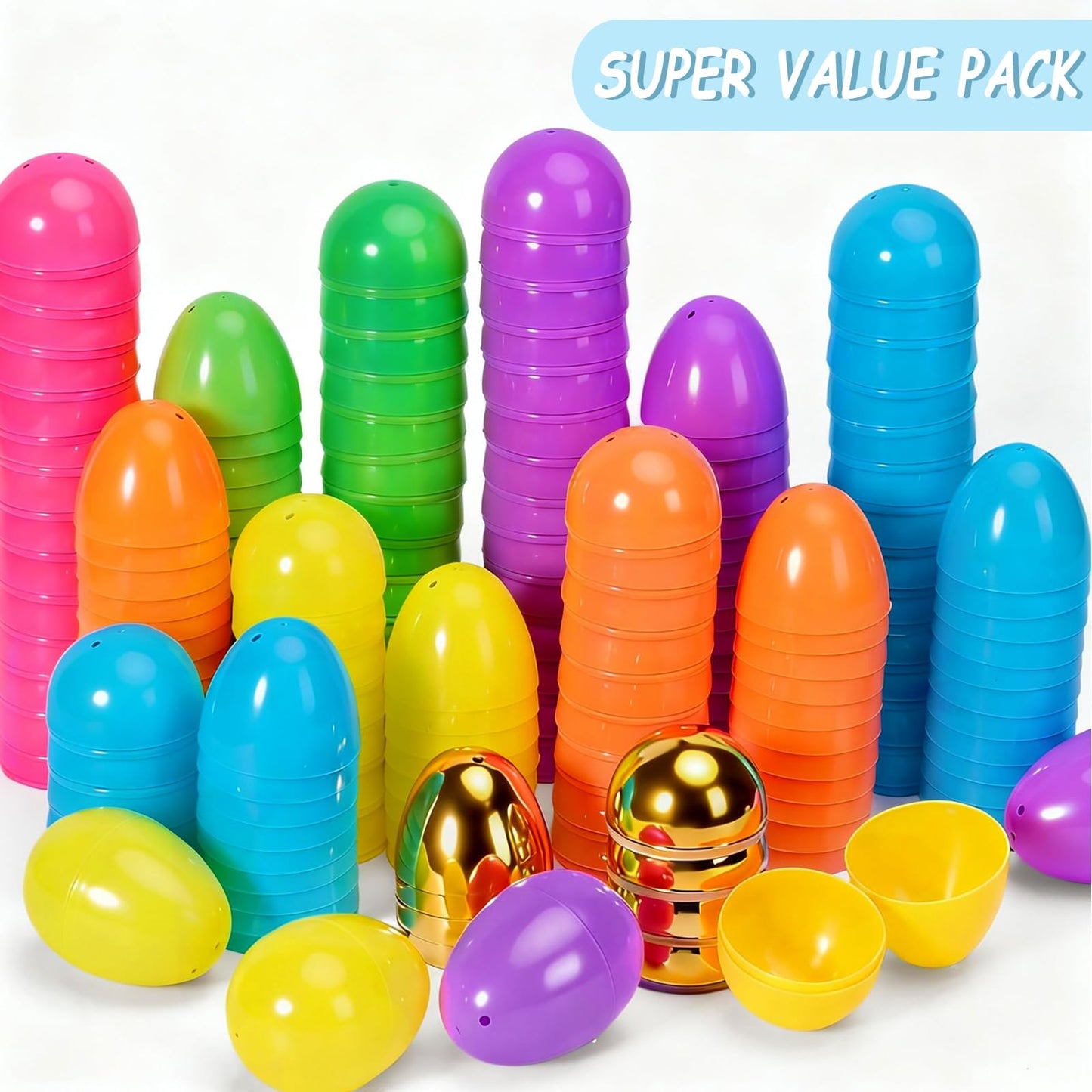 Garma 72 Pcs 3.15'' Easter Eggs - Empty Bright Colors Plastic Eggs with 6 Golden Eggshell Bulks for Easter Party Favors Supplies Easter Egg Hunt Game Basket Stuffers Fillers Classroom Exchange Prize