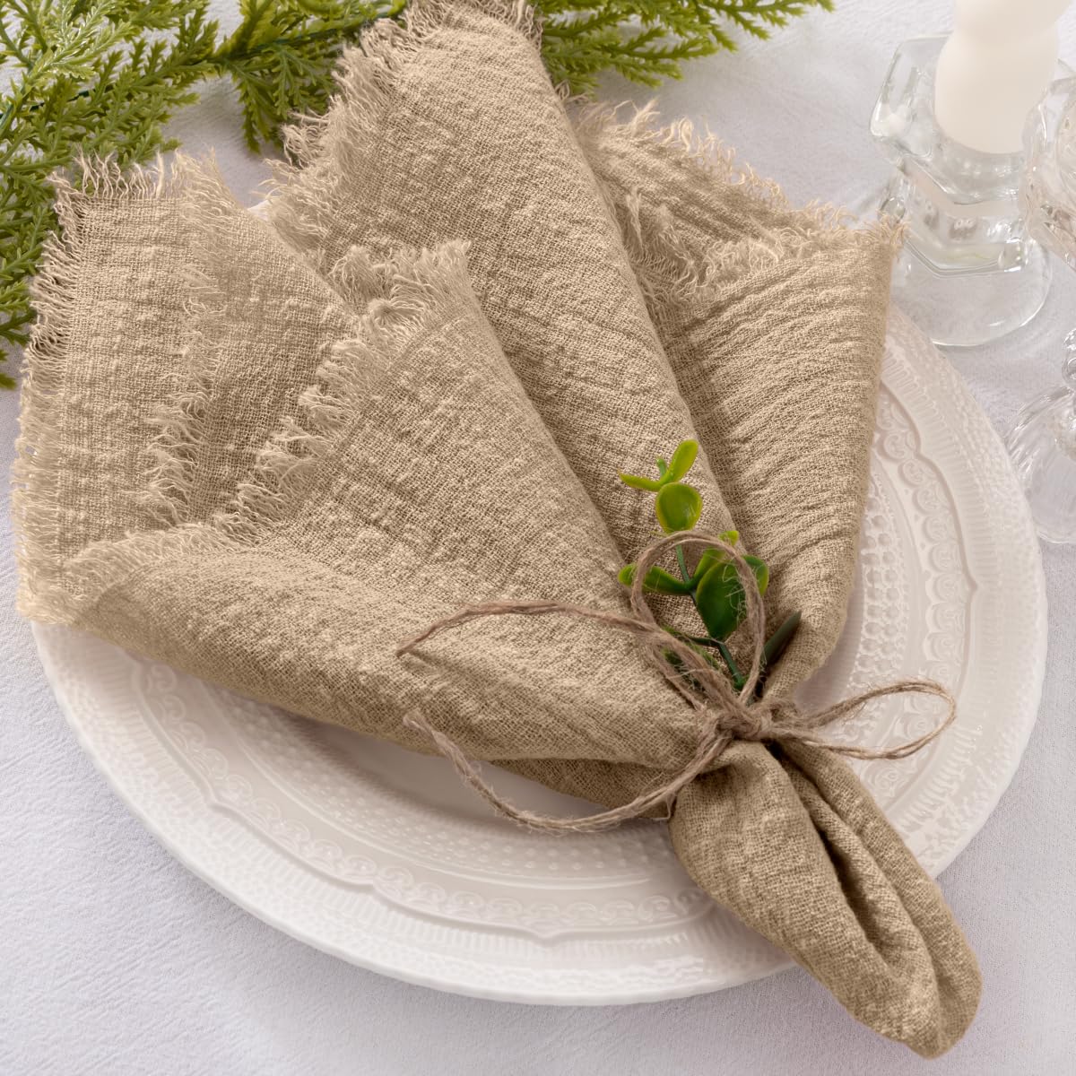 Socomi Set of 6 Linen Napkins Caramel Easter Spring Cloth Napkins Washable Cotton Dinner Napkins Fringe 17"x17" for Wedding Party Bridal Baby Shower Birthday Table Decorations