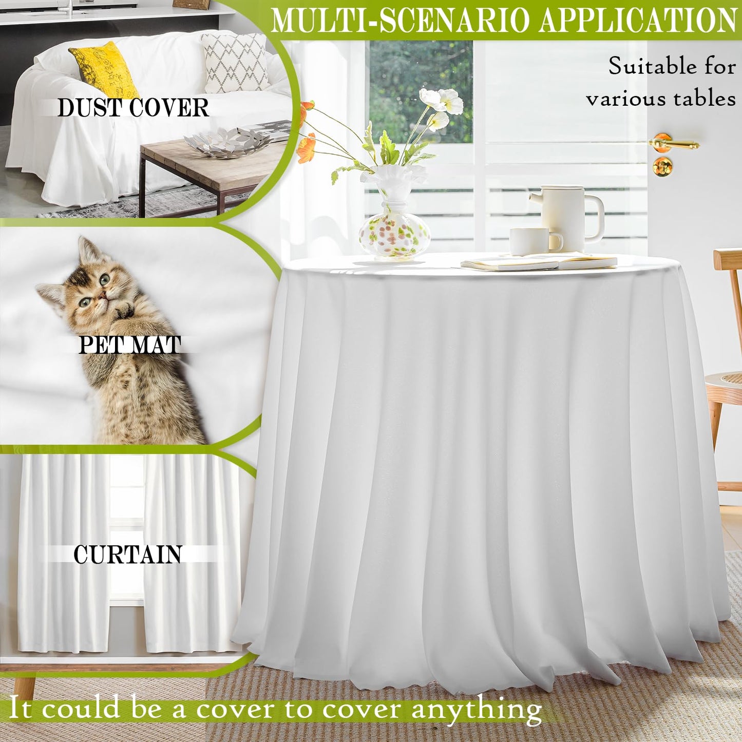 BYDOLL Table Cloth 60 Inch Round Tablecloth Fits Max50 Inch Diameter Table Top,White Polyester Washable Wrinkle-Free Spillproof Tablecloth for Party Patio Cover