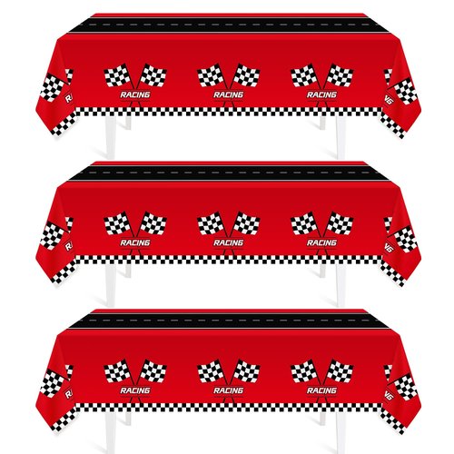 Childom 3Pcs Racing Car Plastic Tablecloth, Race Birthday Party Decorations, 54'' x 108'' Checkered Table Cloth Decor, Favors Rectangular Tablecloth for Boys Baby Shower Home