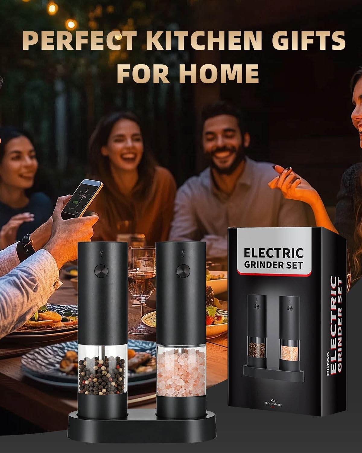 Skiennix Electric Salt and Pepper Grinder Set - Rechargeable, One-Hand Operation, Adjustable Coarseness | Perfect Kitchen Gadgets for New Home Gifts