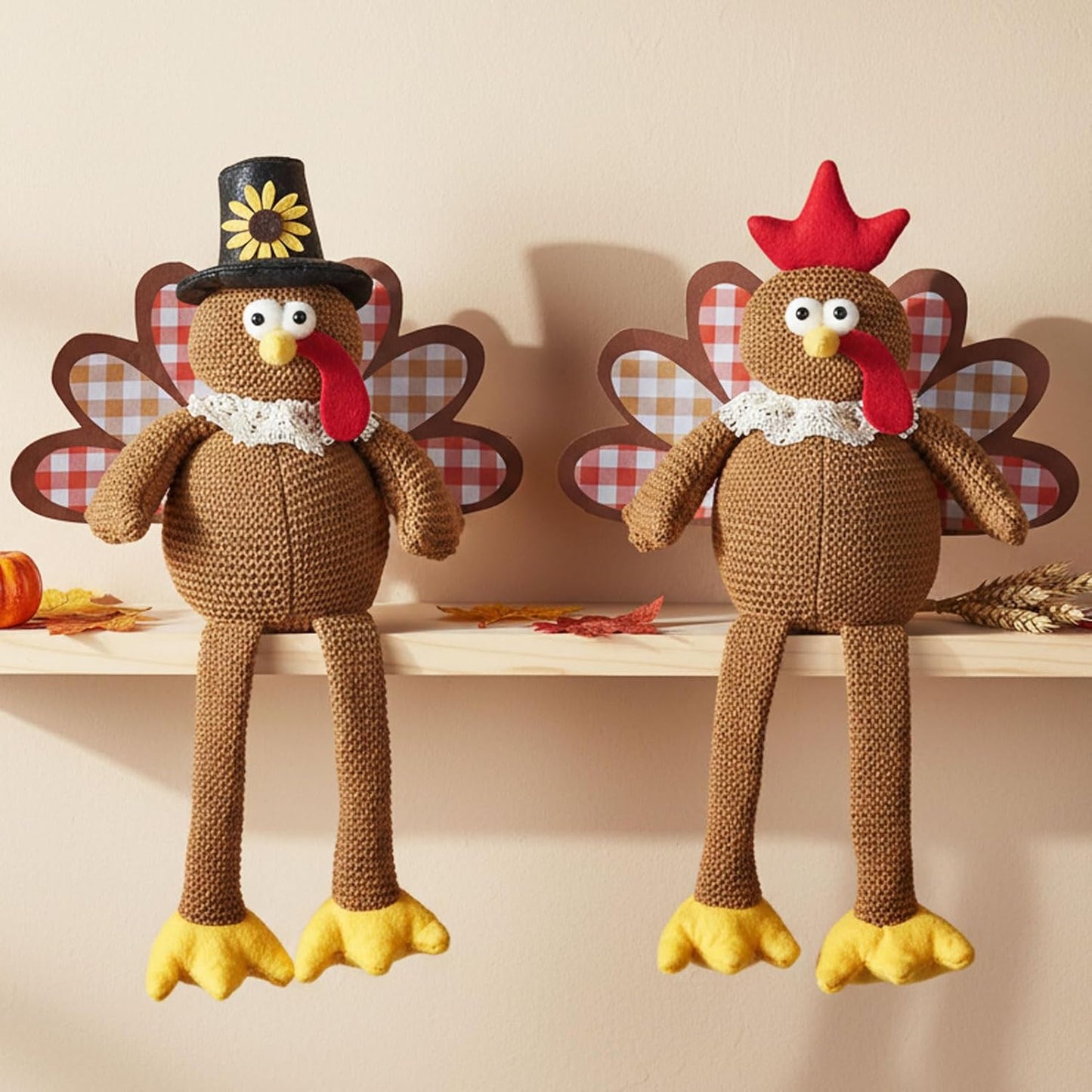 Skiennix Christmas Decorations - Set of 2 Turkey Plush Dolls with Dangling Legs | Fall Harvest Home Decor (Brown)