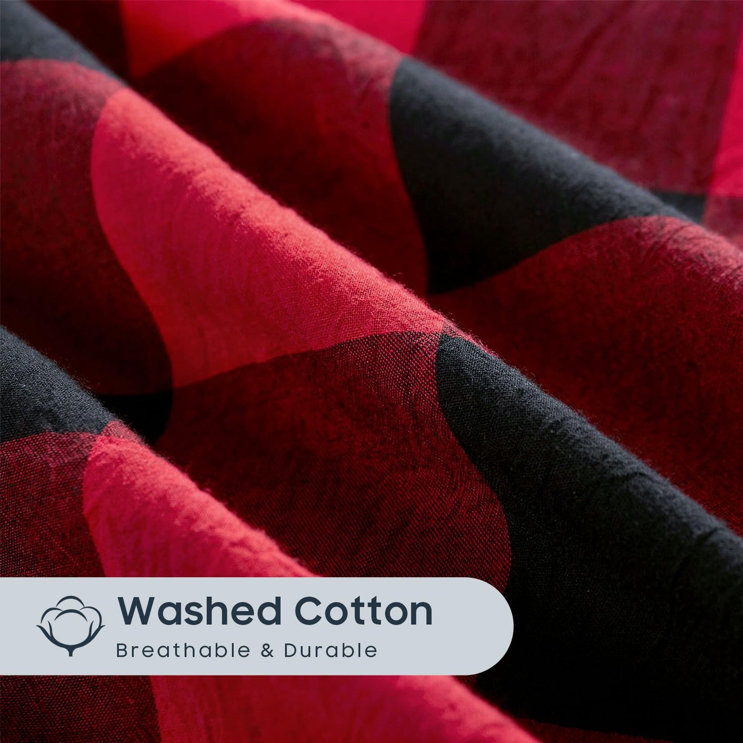 Wake In Cloud - Gingham Cotton Duvet Cover Set, Plaid Buffalo Check Checkered Farmhouse, 100% Washed Cotton Textured Bedding Set, 3 Pieces, Red Black, King Size