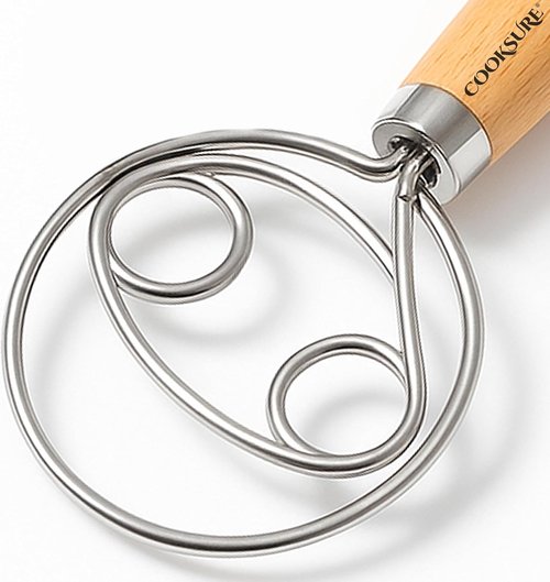 Danish Dough Whisk - 13-Inch Sourdough Bread Whisk with Wooden Handle & Stainless Steel Hook