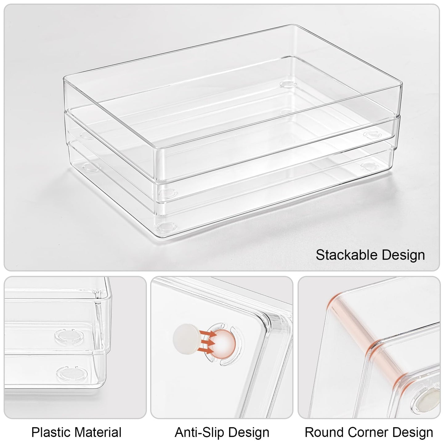 SMARTAKE 6 PCS Clear Plastic Drawer Organizers Set, Large Size Non-Slip Desk Drawer Organizer, Versatile Bathroom and Vanity Drawer Organizer Trays for Makeup, Bedroom, Office, Kitchen Utensils