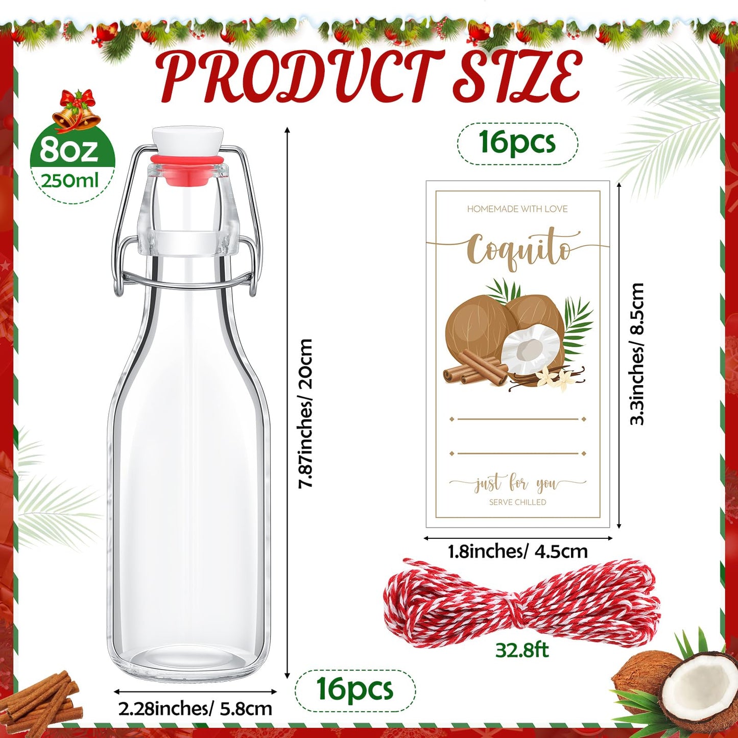 Havawish 16 Pcs Merry Christmas 8 oz Coquito Swing Top Glass Bottles with Airtight Cap Lids Labels Clear Flip Top Bottles with Stoppers for Homemade Christmas Home Brewing Beer Beverages(Coconut)