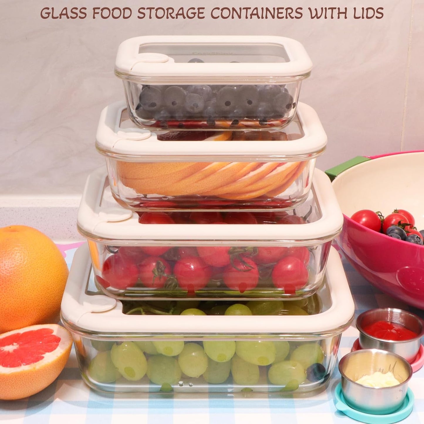 Skiennix Glass Food Storage Containers - Leakproof Silicone Lids | 4-Pack Set (12-21-35-50 oz, White)