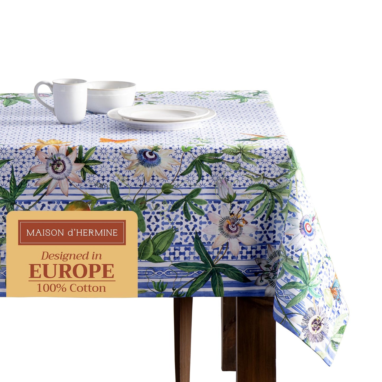 Maison d' Hermine Table Cloth Square Table 100% Cotton 60 x 60 Inches Tablecloth Reusable Decorative for Dining Kitchen Room Farmhouse Home Gifts for Mothers Day Spring Summer - Passiflora