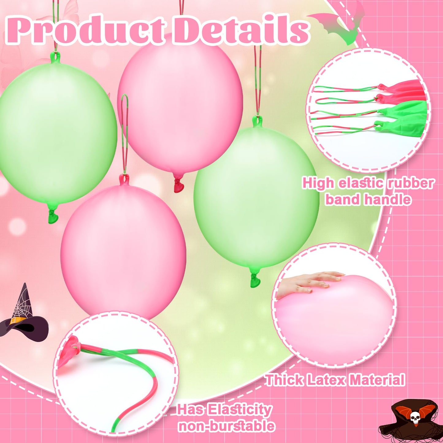 Charnoel 24 Pcs Pink and Green Gift Pink and Green Punch Balloons Bounce with Rubber Band Handle Witch Party Punching Balloons with Colored Rubber Band Handle for Birthday