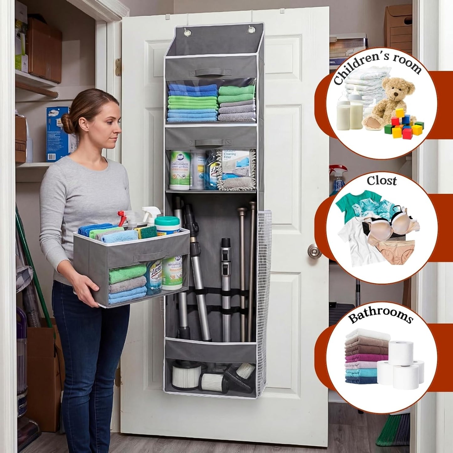 Skiennix Over Door Wrapping Paper Organizer - 3 Removable Drawers & Side Pockets | Christmas Gift Wrap Storage