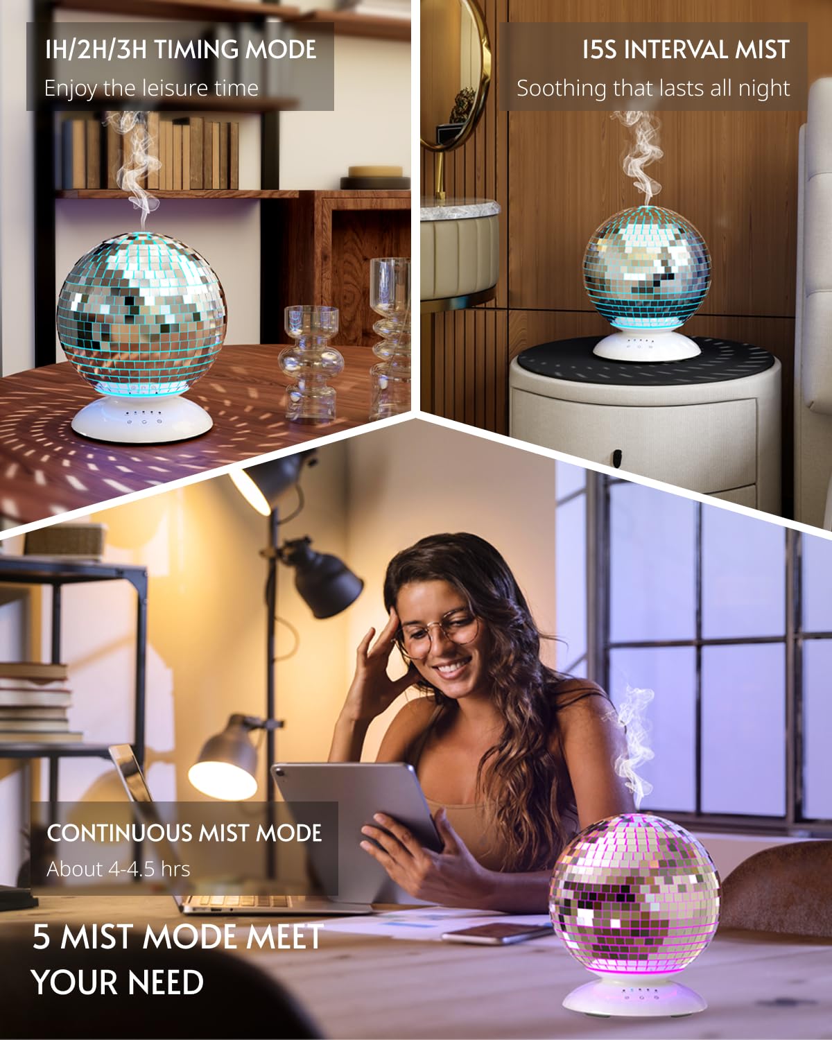 Disco Mirror Ball Diffuser Rotating, 14 Ligth Modes 4 Timer Setting Disco Ball Light Essential Oil Diffuser, Cute Home Disco Ball Decor Great Decoration and Accessories for Disco Party, Room, Office