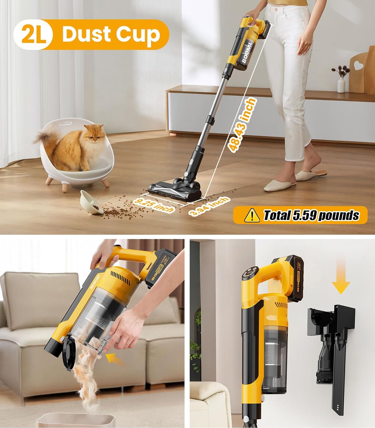 Qimedo Cordless Vacuum Cleaner - 8000mAh, 700W Powerful Suction, 7-in-1 with 90" Extension Tube & 2L Dust Cup for Home & Pet Hair