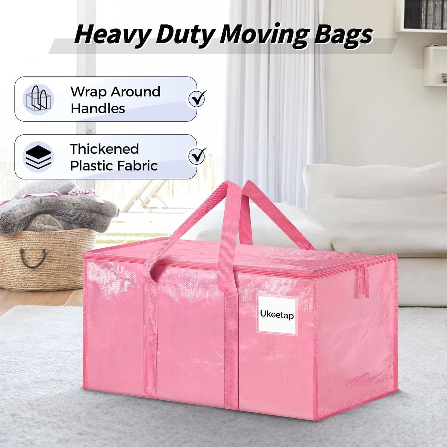 Skiennix Extra Large Heavy-Duty Moving Bags - 8 Pack Pink Storage Bins with Lids & Reinforced Handles