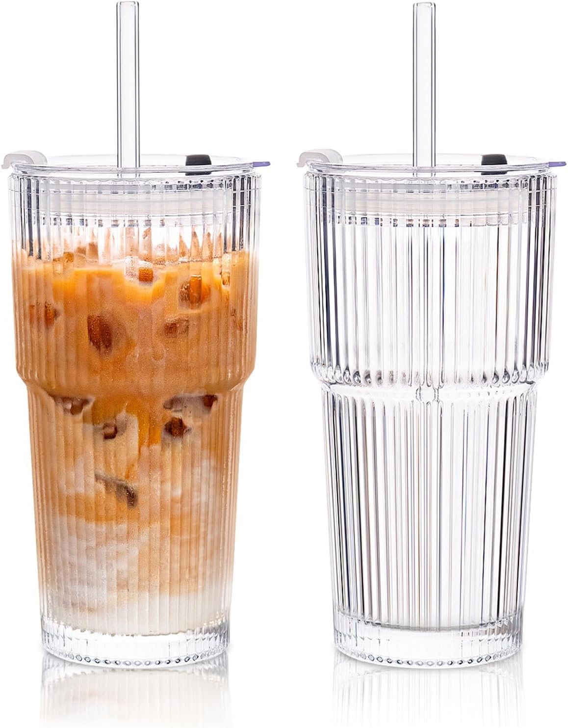 KEMORELA 20 oz Ribbed Glass Tumblers - Vintage Iced Coffee Cups with Lids & Straws | Reusable Clear Glassware