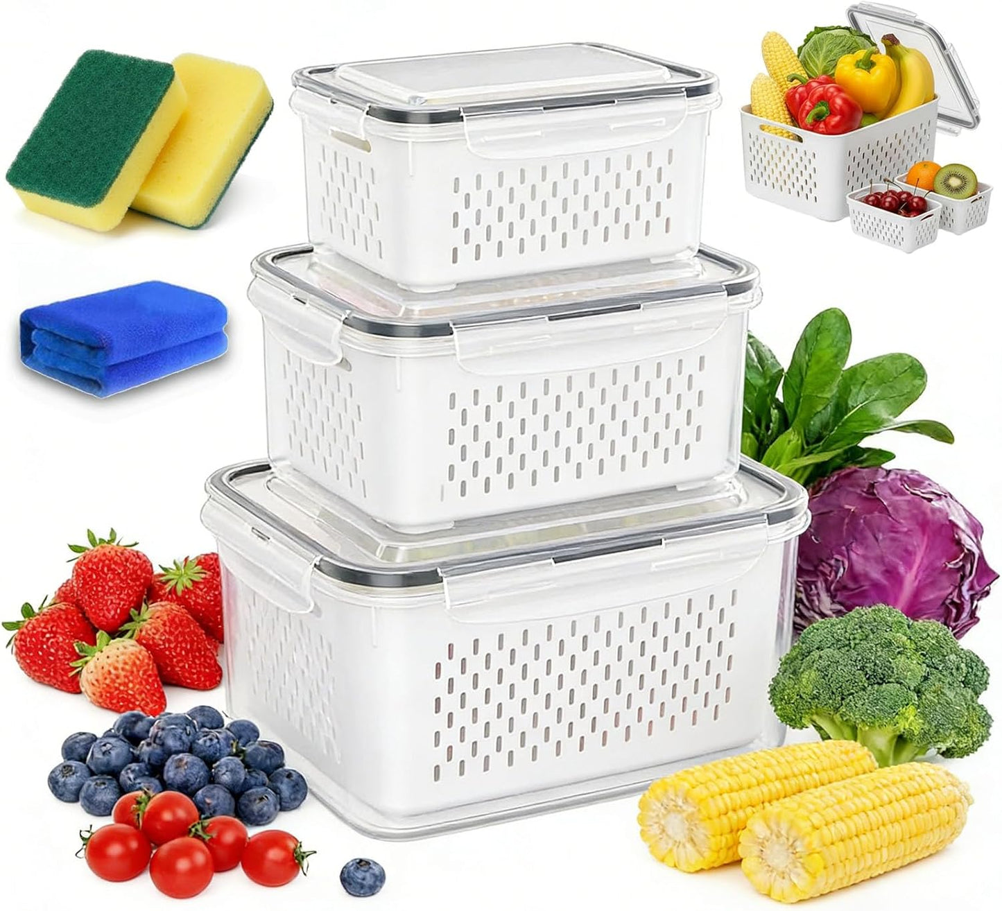 Skiennix Fruit Storage Containers - Transparent Plastic with Removable Colanders | 4-in-1 Vegetable Box (Gray, S+M)