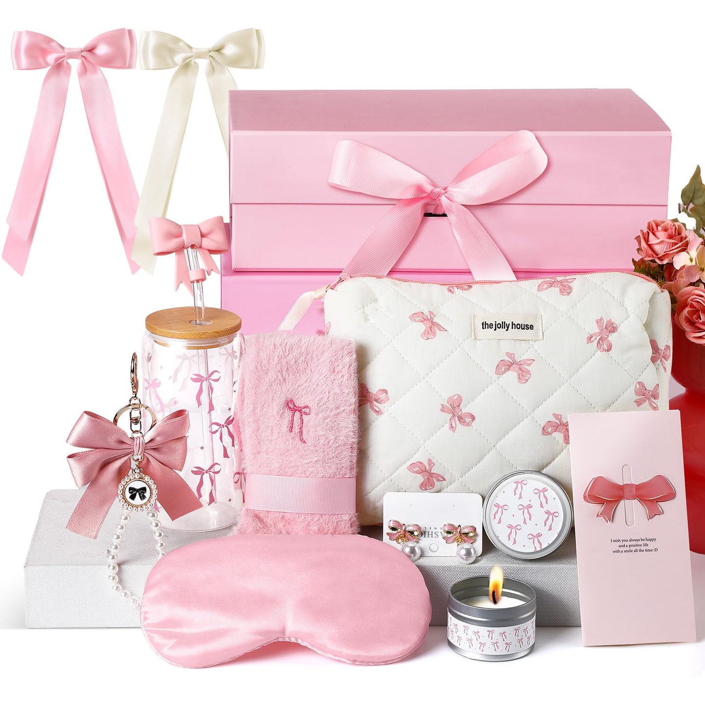 Skylety Pink Bow Gift Baskets for Teen Girls, Women Mothers Day Gifts Trendy Stuff Coquette Bow Teen Girl Birthday Self Care Box Gift for Her, Sister Friend Women Sweet 16th 18th 21st Box
