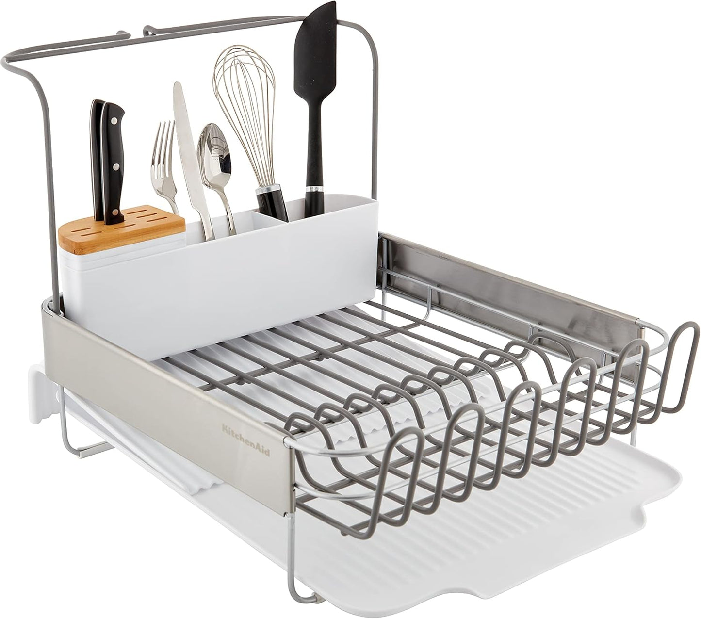 KitchenAid Expandable Dish Rack - Rust Resistant with Self-Draining Angled Drainboard | 24-Inch, White