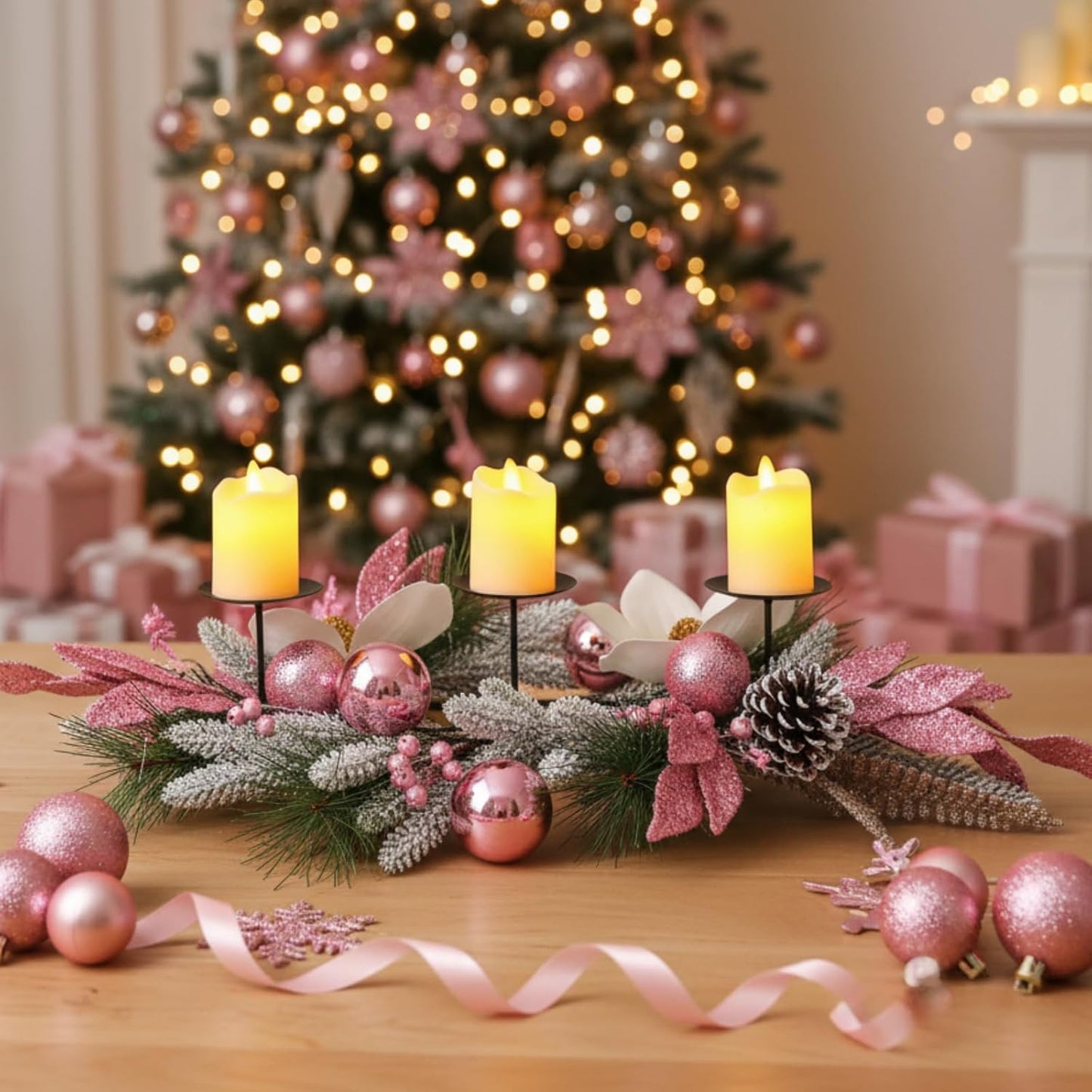 Maxdot Pink Christmas Candle Holder - Elegant Metal Poinsettia Design | Perfect Table Centerpiece for Holiday Decor