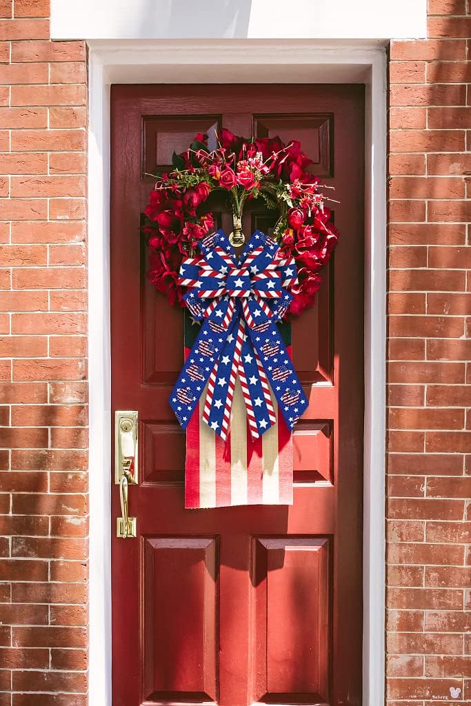 Threetols Patriotic Wreath Bows - Large Burlap Sunflower Design for Memorial Day | Red, Blue & White Decor