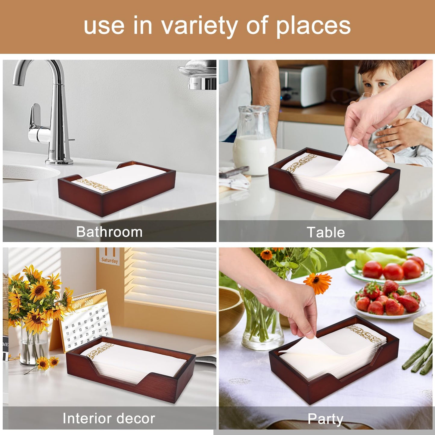 Gtencemen Bamboo Napkin Holder for Kitchen Table Bathroom Paper Towel Holder Farmhouse Flat Napkin Holders Brown Guest Towel Holder Hand Towel Tray Rectangle Napkin Holder