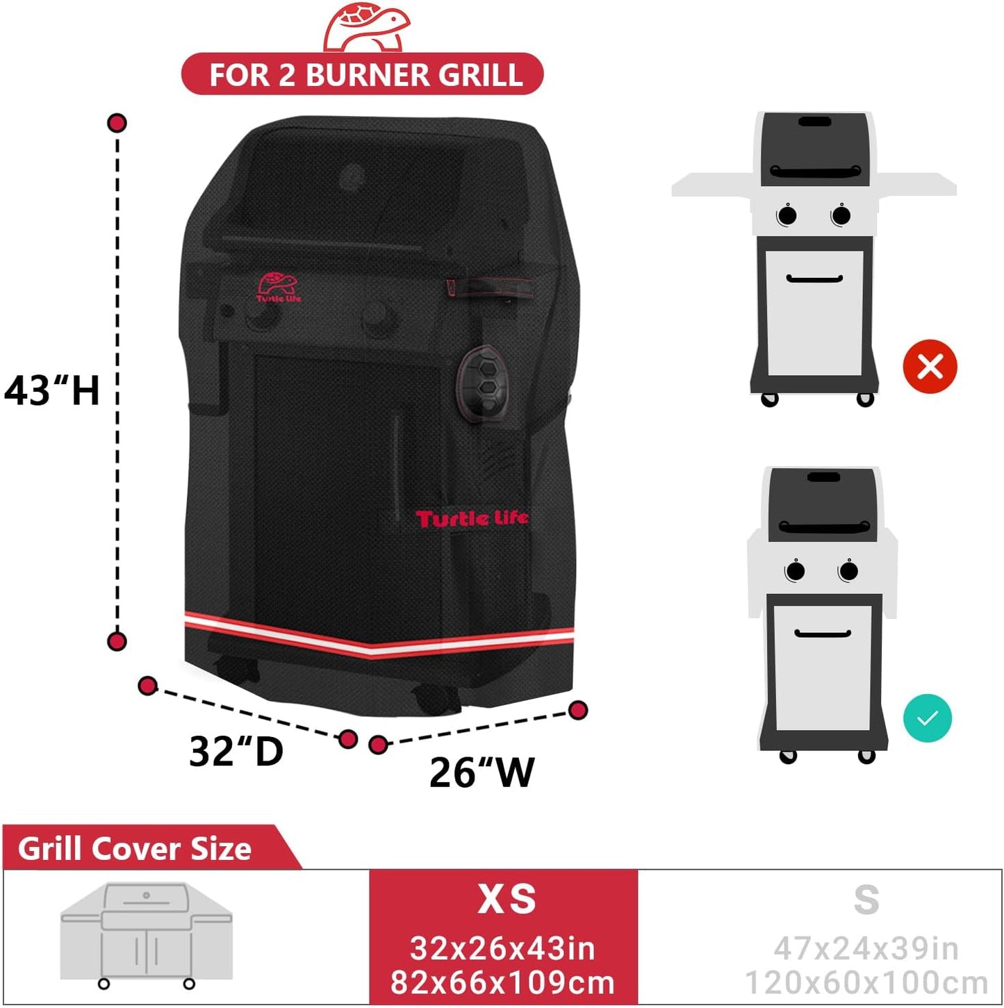 Turtle Life BBQ Grill Cover - 32 Inch Heavy Duty Waterproof Cover for 2 Burner Gas Grills | Black