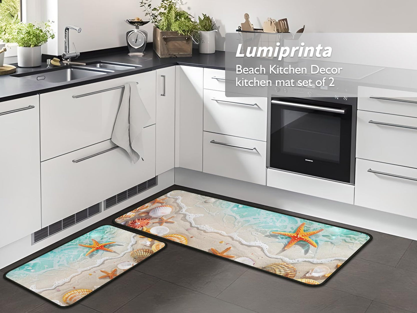 Lumiprinta Ocean Theme Tropical Beach Seashell Starfish Decorative Kitchen Rugs and Mats Set of 2, Low-Profile Floor Mats Decorations for Home Kitchen 17"x47"+17"x30"