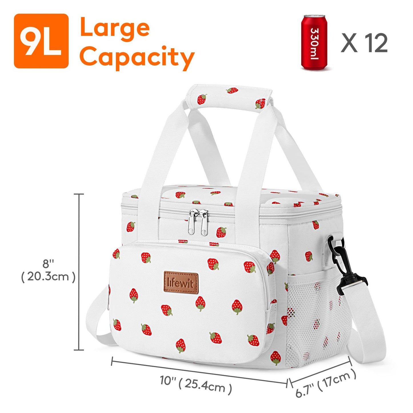 Lifewit Medium Lunch Bag, Insulated Lunch Box, Soft Cooler Cooling Tote for Adult Men Women, Strawberry 12-Can (9L)