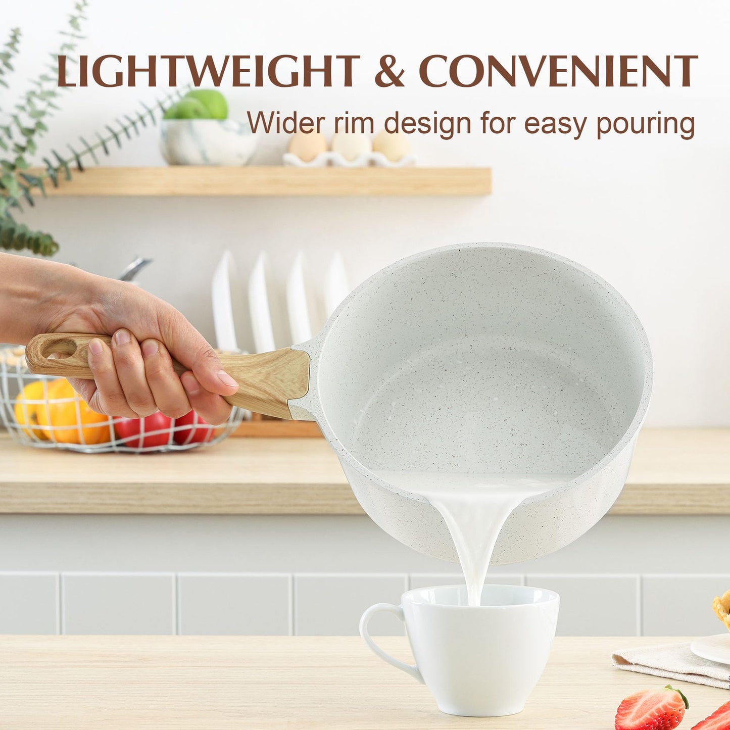 SENSARTE White Ceramic Nonstick Saucepan with Lid Set, Small Cooking Pot with Stay Cool Handle, Induction Compatible Saucepot, White Granite Coating, PFOA/PFAS Free, 2.0 + 2.5QT