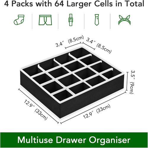 Homsorout Sock Organizers - 64-Cell Fabric Drawer Dividers for Socks & Ties | 4-Pack Black
