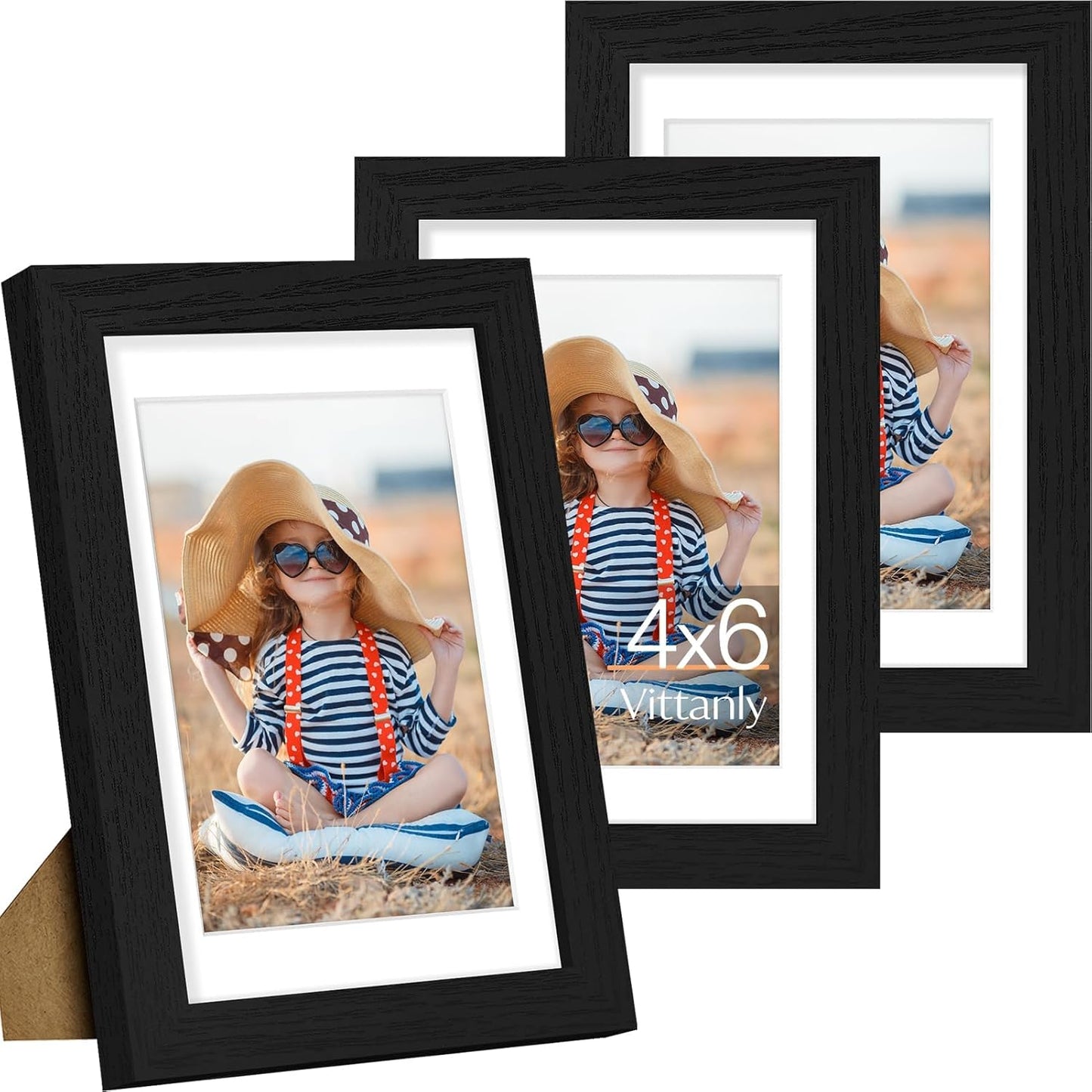 Vittanly 4x6 Picture Frame Set of 3 - Versatile Wall Mount & Tabletop Display | Black Engineered Wood