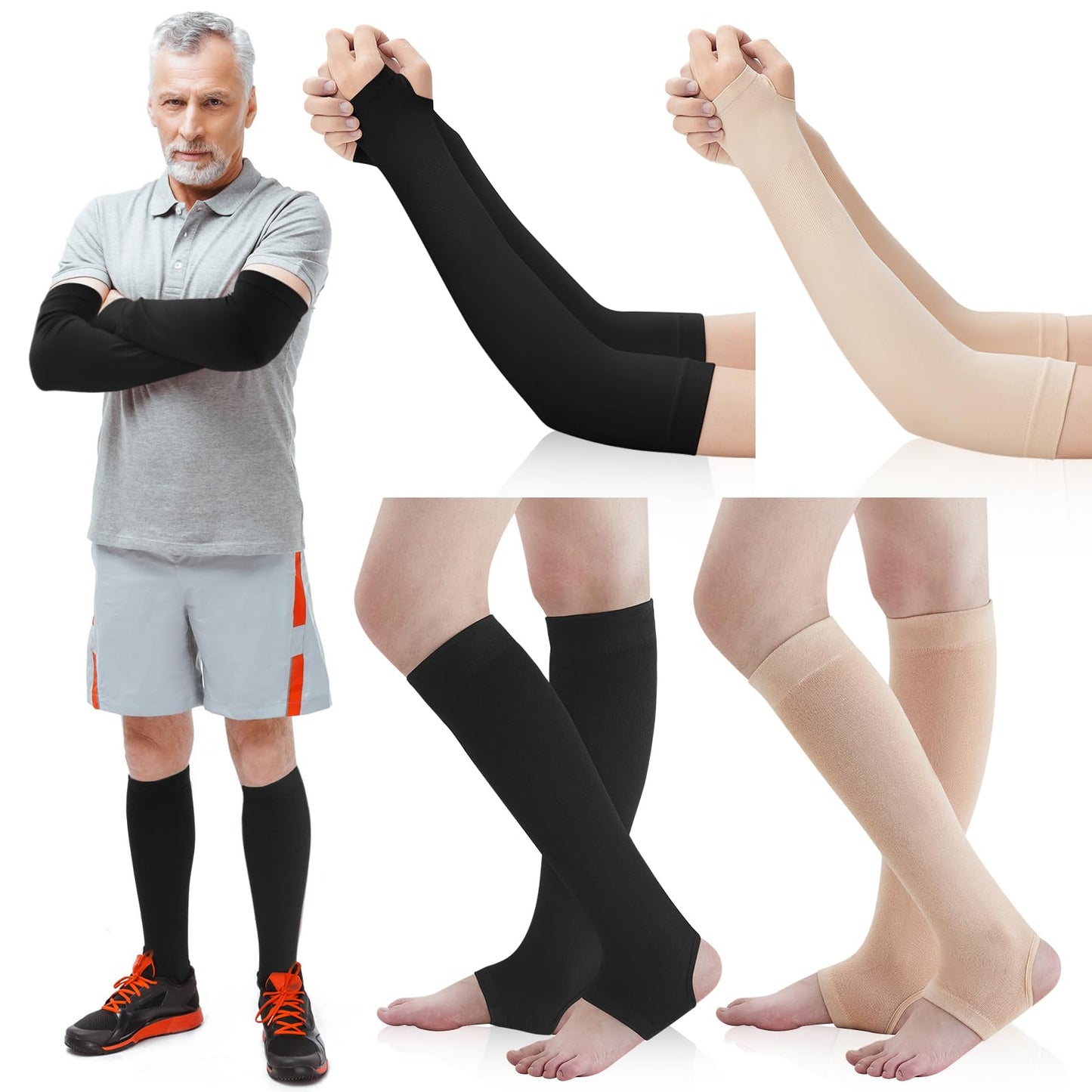 Zoooyawn 4 Pairs Elderly Leg and Arm Skin Protectors Leg Protectors for Thin Skin from Tears Bruise Abrasions (Beige and Gray)(Beige and Black)