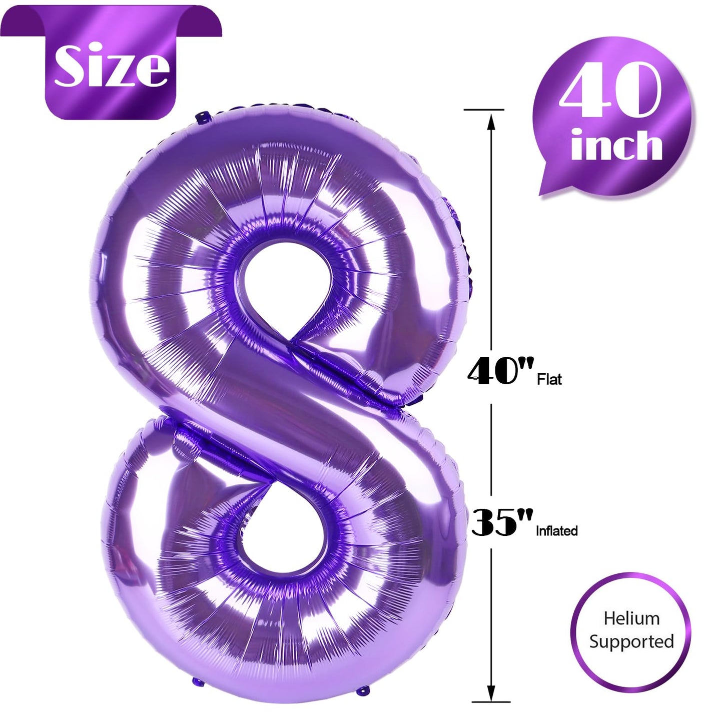 Purple Number 8 Balloon 40 Inch, 8th Birthday Party Decorations for Children, Giant 8 Foil Balloon for Party Supplies