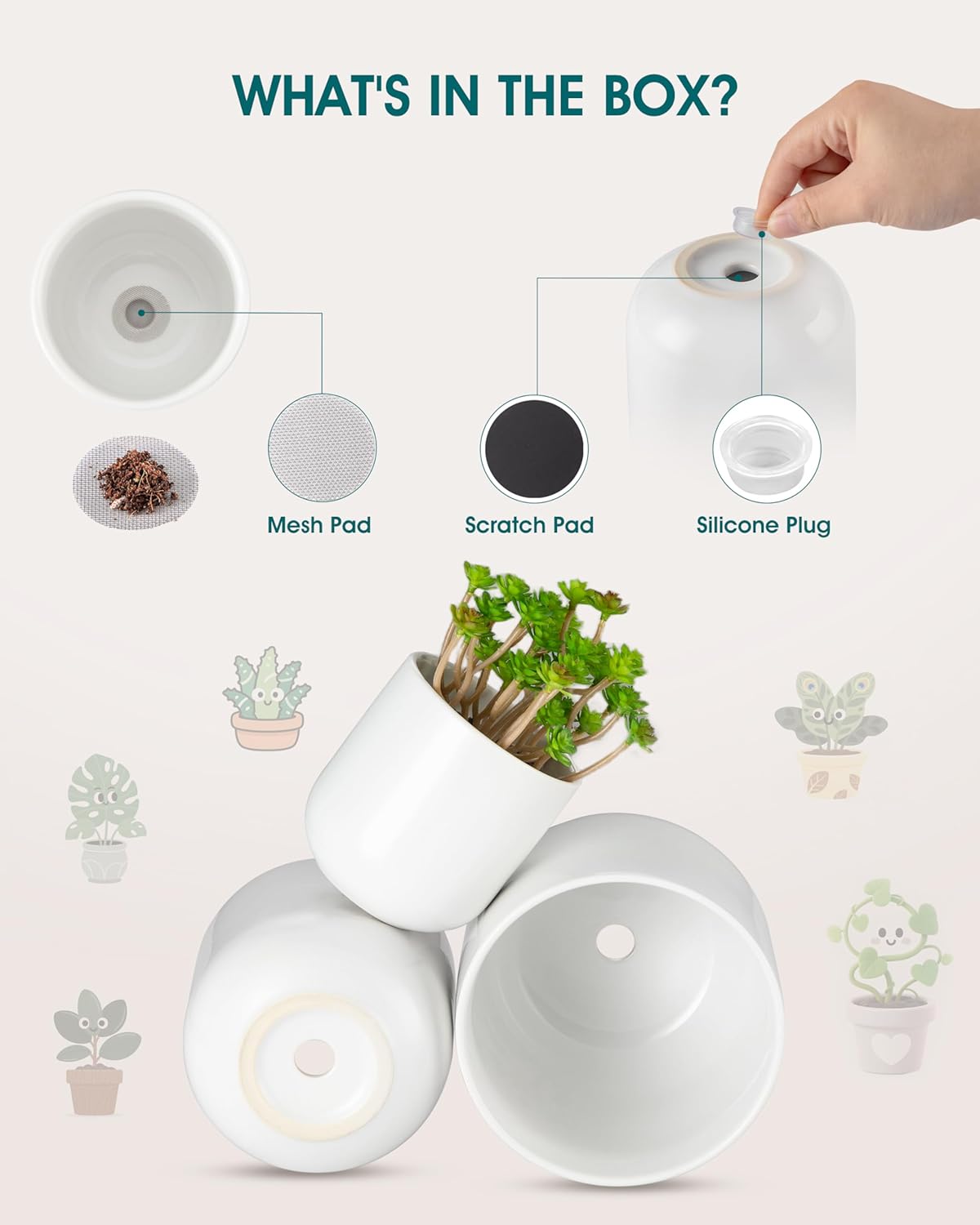 Vancasso Ceramic Plant Pots - Set of 3 (4", 5", 6") | Modern Indoor Planters with Drainage Holes - White