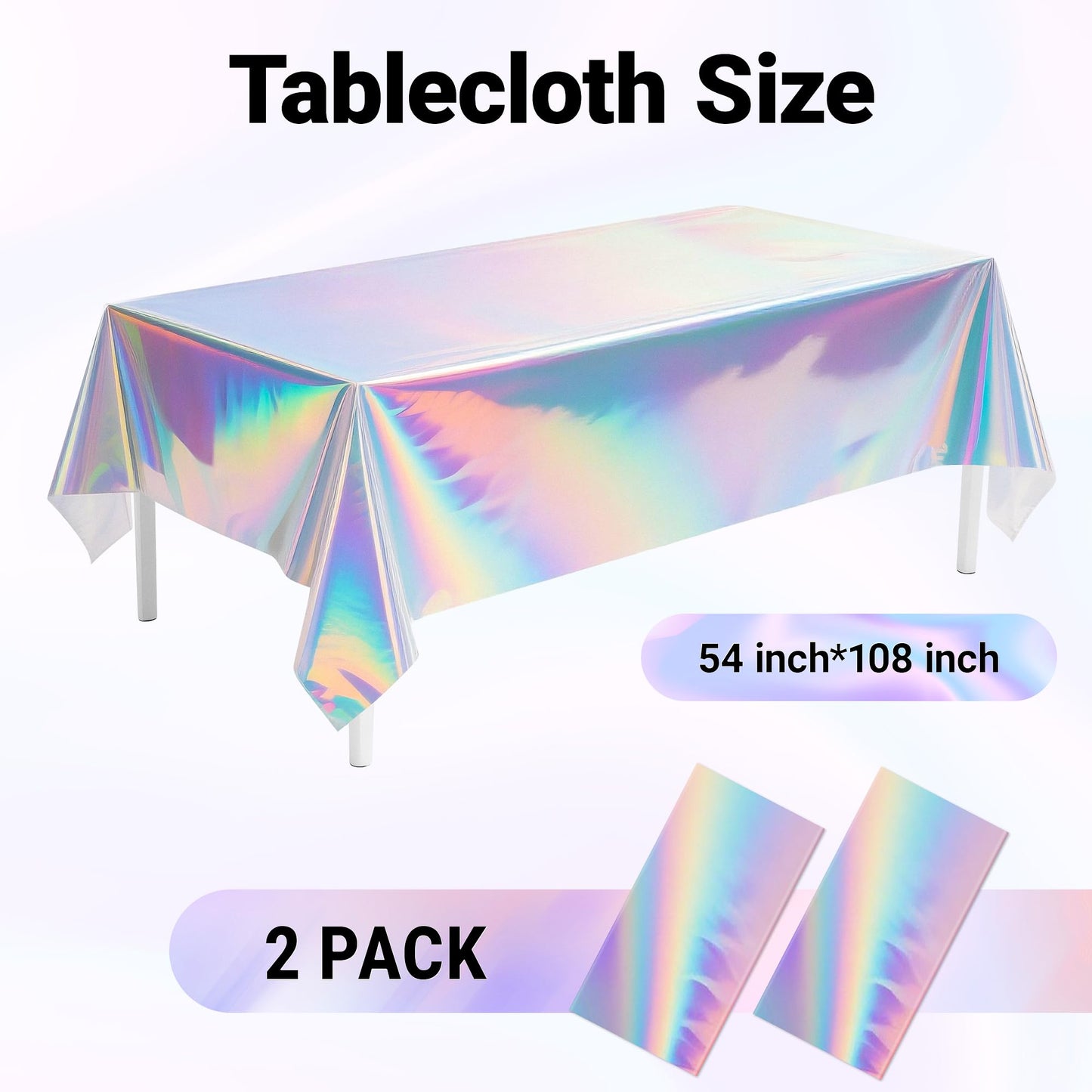 2 Pack Iridescent Tablecloth, 54" x 108" Birthday Party Table Cloths Iridescence Plastic Disposable Table Covers Iridescent Party Decorations, Birthday Decor Tablecloth for Buffet Table