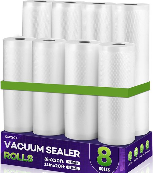 CAREGY Food Vacuum Sealer Rolls - 8 Pack Commercial Grade BPA Free Bags | 4 Rolls 8'' x 20' & 4 Rolls 11'' x 20' for Meal Prep & Sous Vide Cooking