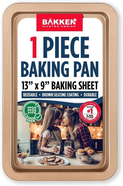 BAKKEN Nonstick Baking Pans - Commercial Grade Carbon Steel Cookie Sheet, 13.18" x 8.66", Oven Safe Up to 450°F, Brown
