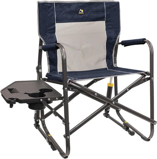 GCI Outdoor Freestyle Rocker Camping Chair - Portable Folding Design with Side Table, Drink Holder & Comfortable Backrest | Heathered Indigo
