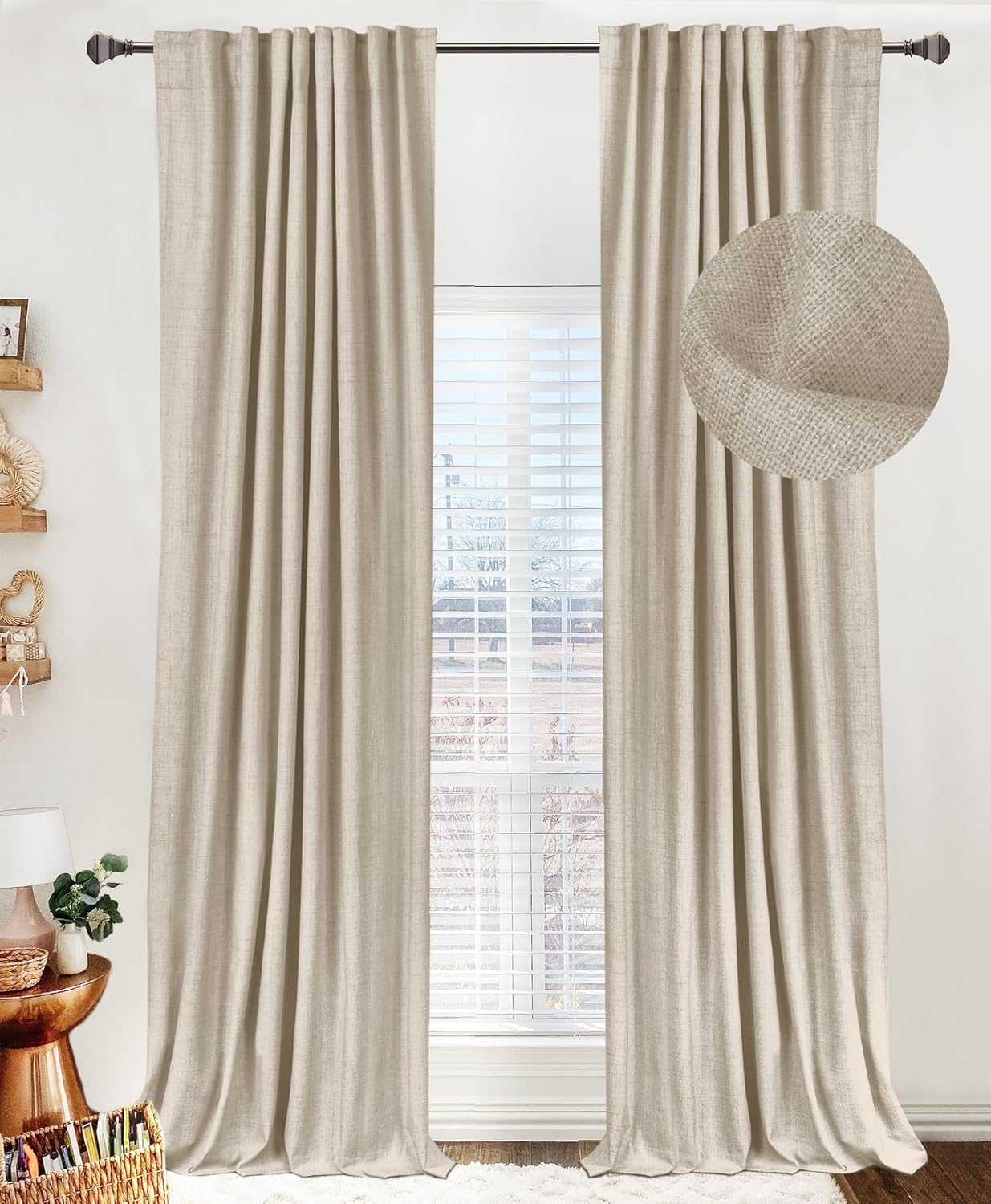 Skiennix 100% Blackout Linen Curtains - Thermal Insulated Drapes, 2 Panels Set, 50" W x 84" L, Oatmeal